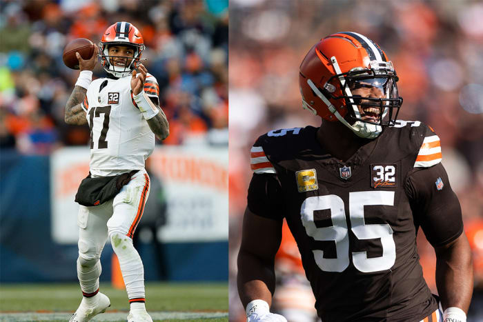 Cleveland Browns quarterback Dorian Thompson-Robinson (left) and defensive end Myles Garrett (right).